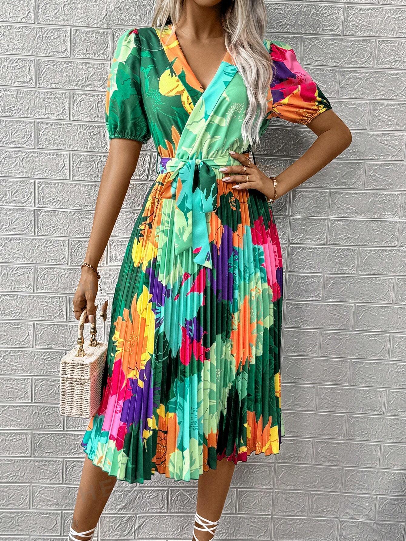 Sukienka damska z nadrukiem plisowana kolory